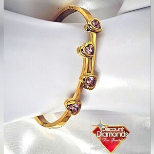 Heart Shaped Pink Diamond Bangle Tennis Bracelet 14K Gold on 925 Silver